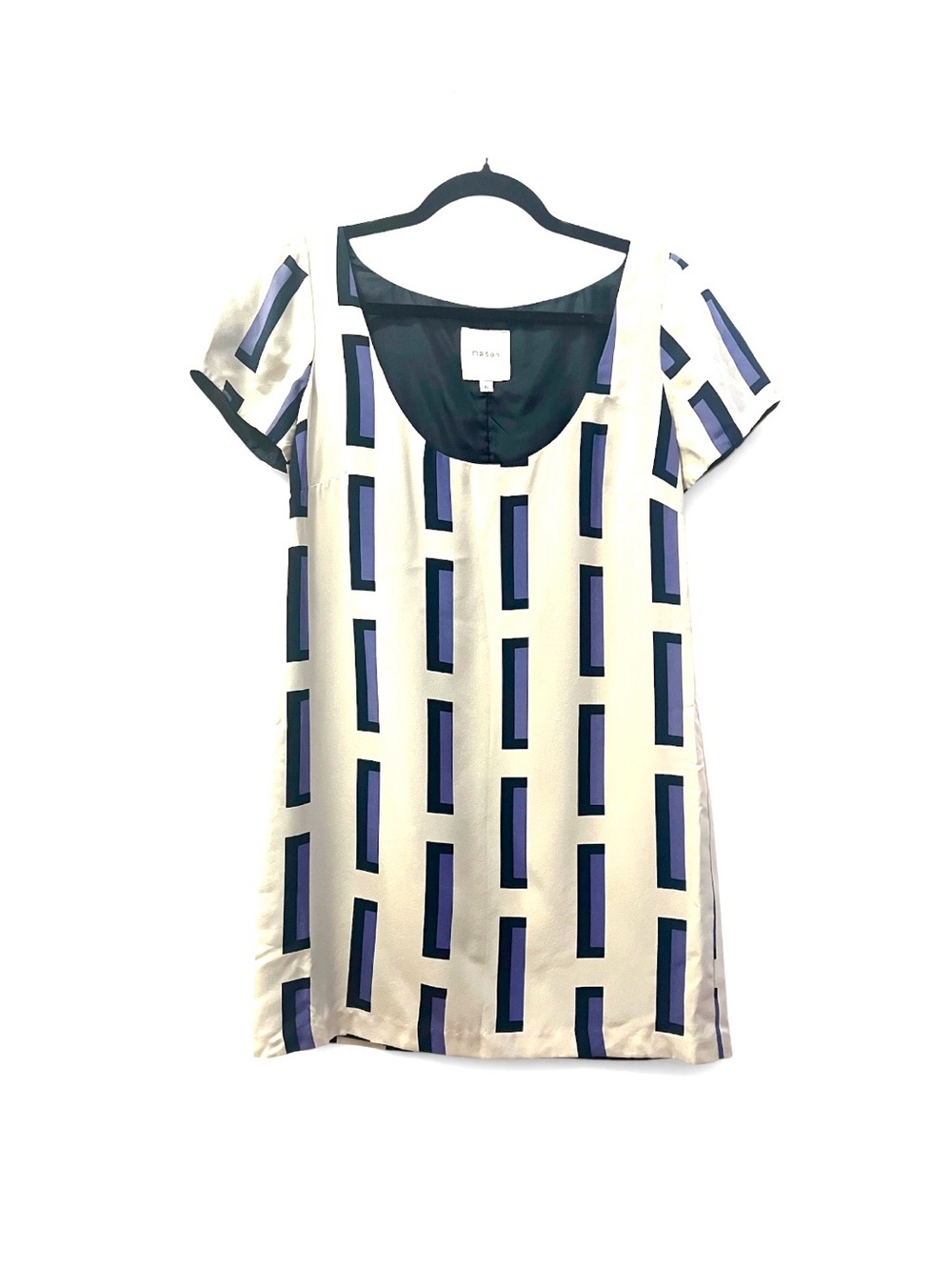 Mason by Michelle Mason 100% Silk Geometric Shift Dress 6 Purple Black Ivory